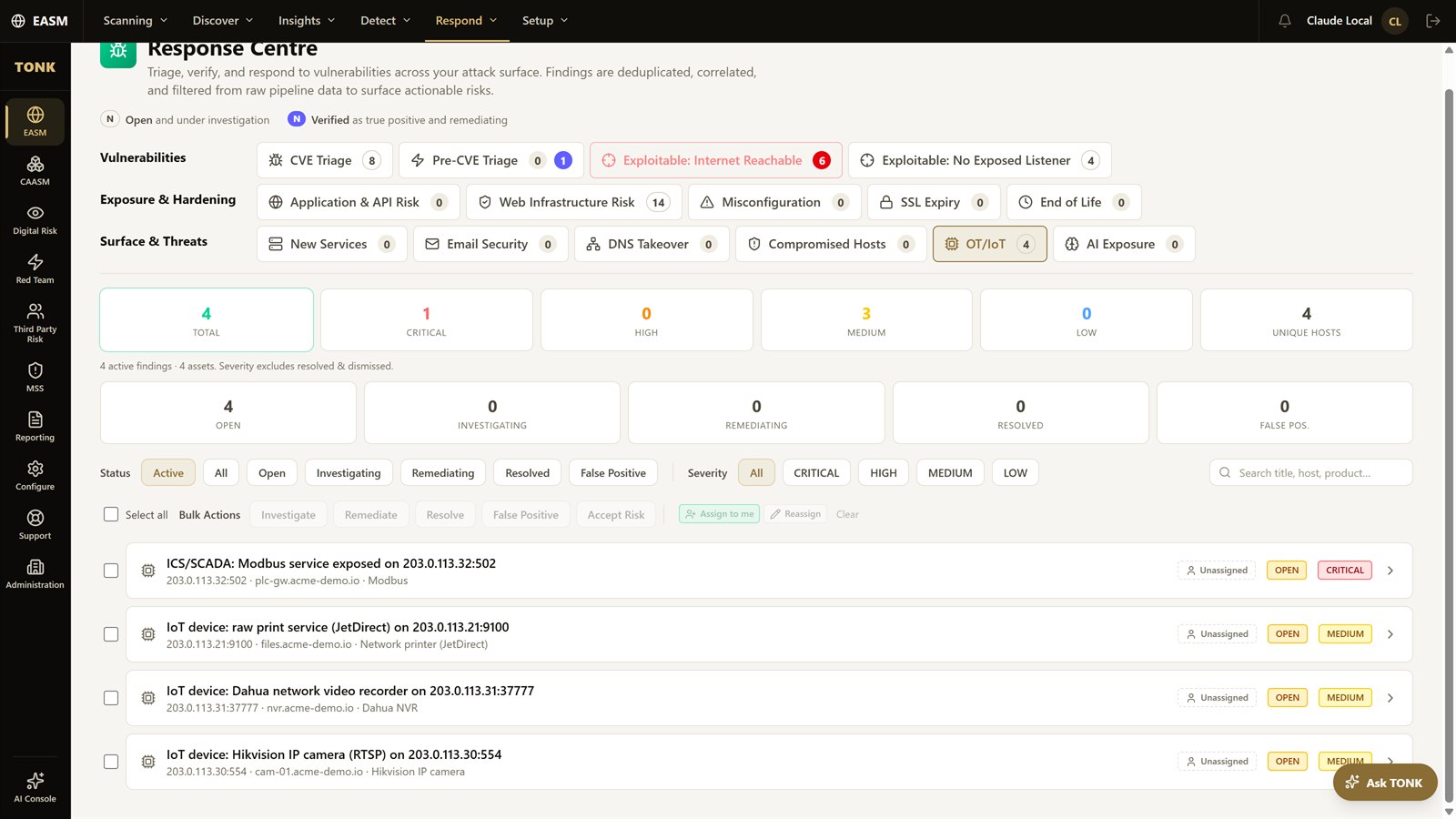 TONK Response Centre showing a dedicated OT/IoT category with four active findings — an exposed Modbus ICS/SCADA service, a network printer, a Dahua video recorder and a Hikvision IP camera — each with its own severity and triage state.