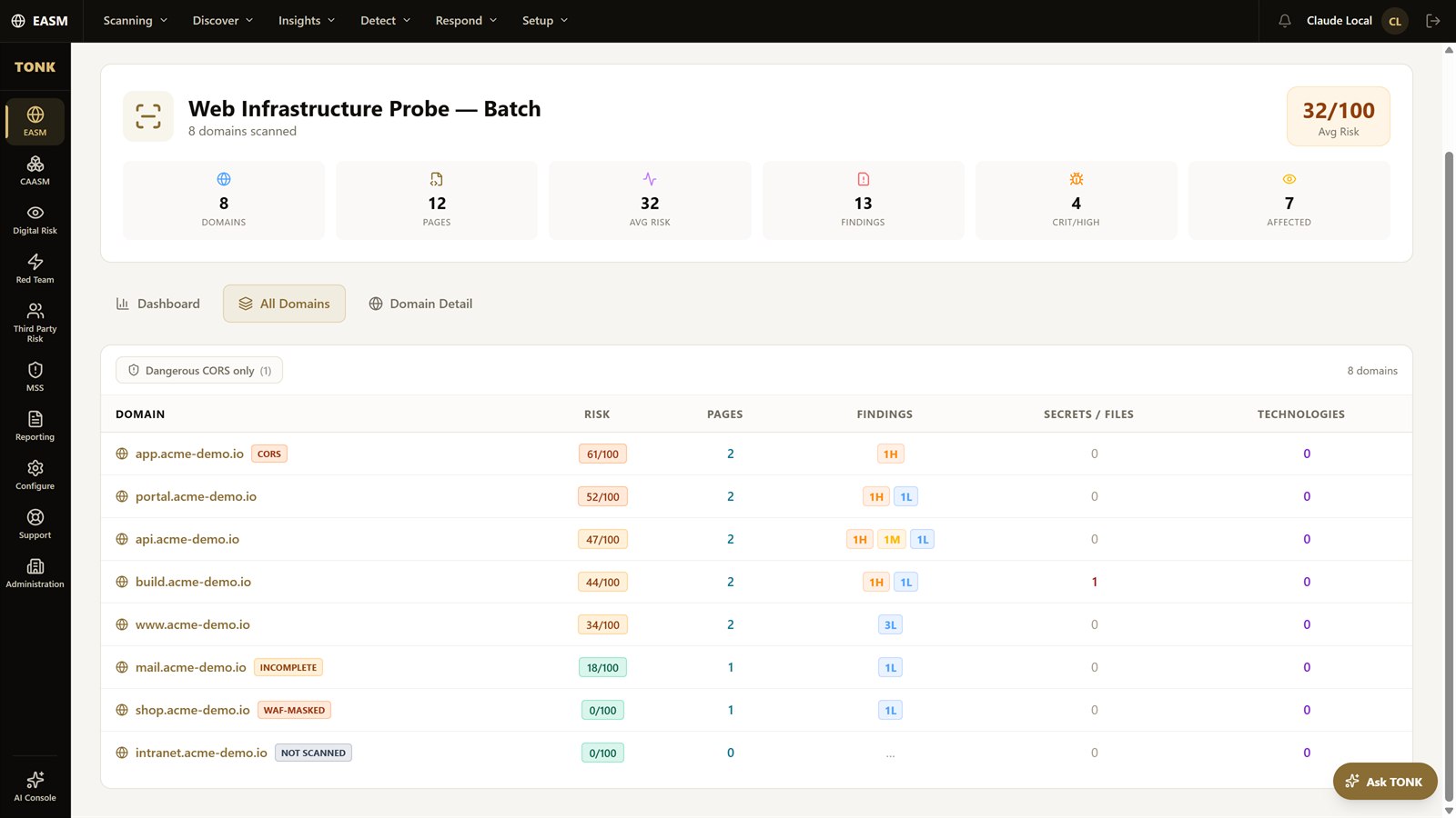 TONK web infrastructure probe results listing eight domains, with hosts flagged INCOMPLETE, WAF-MASKED and NOT SCANNED alongside their risk scores.